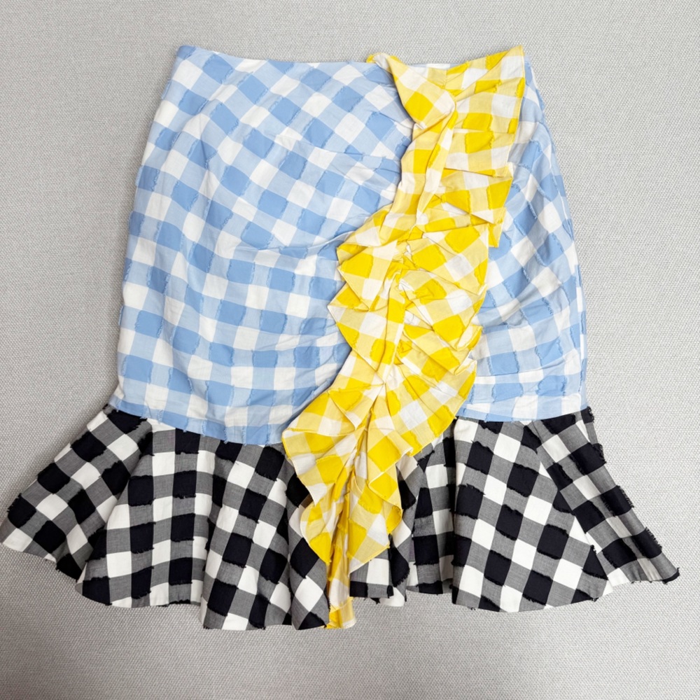 Caroline Constas Multicolor Gingham Ruffle Skirt Yellow‎ Blue Black Cotton XS